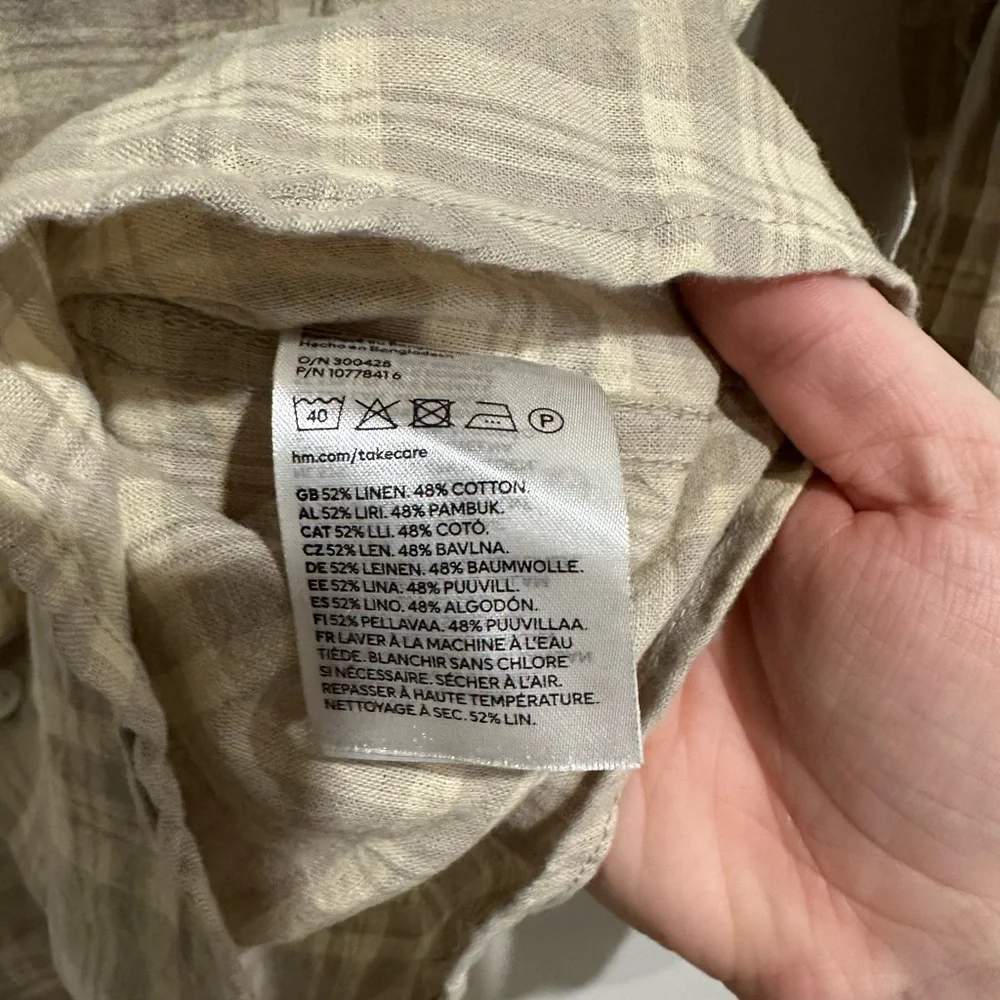 H&M Linen Cotton Blend Beige Plaid Button Down Size M - Picture 5 of 5